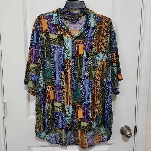 Vtg Substudio Mens L Rayon Button Up Abstract High Low Shirt Short Sleeve - Picture 1 of 6